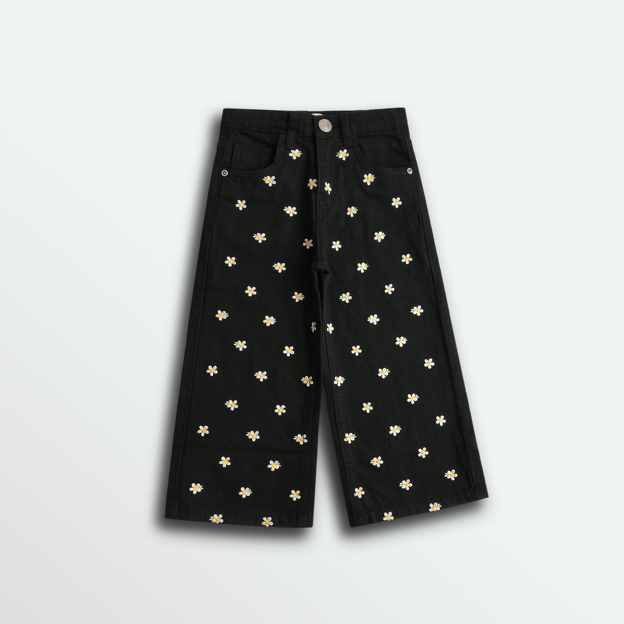 Daisy Embroidered Wide Leg Black Jeans