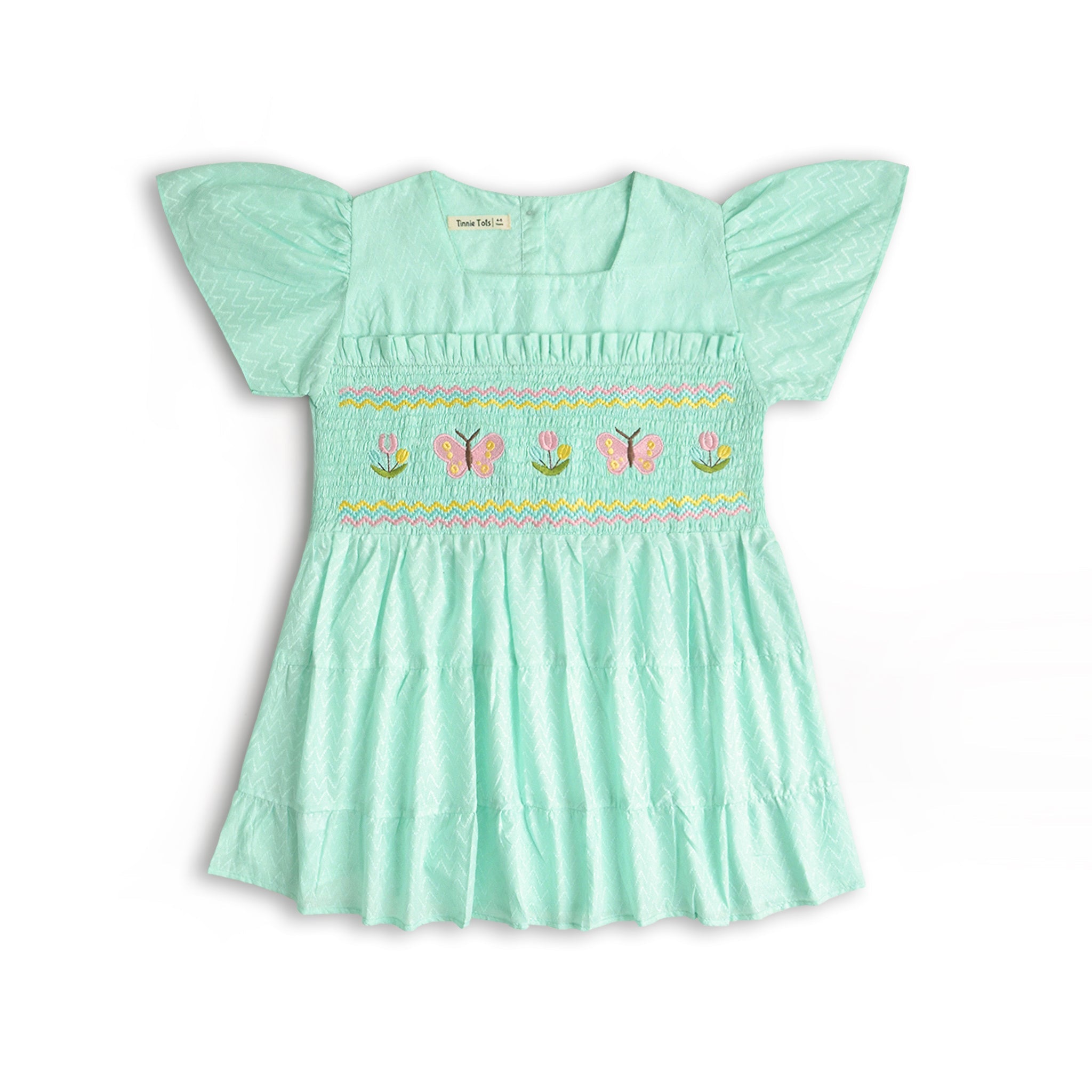 Aqua Smocking Embroidered Dress