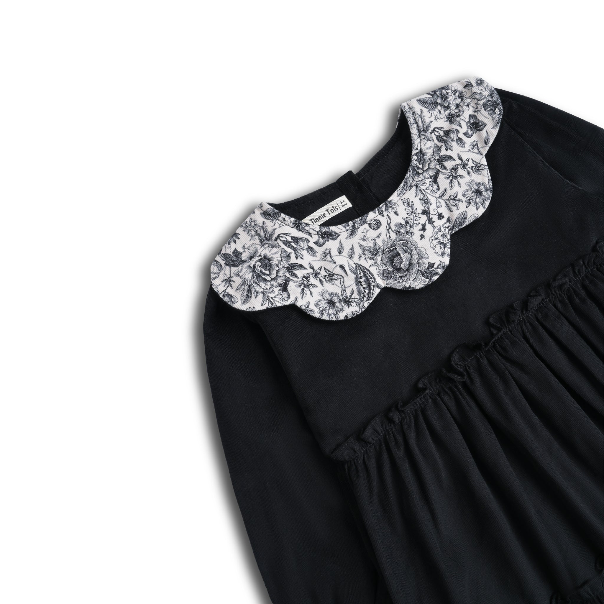Floral Collar Black Corduroy Dress