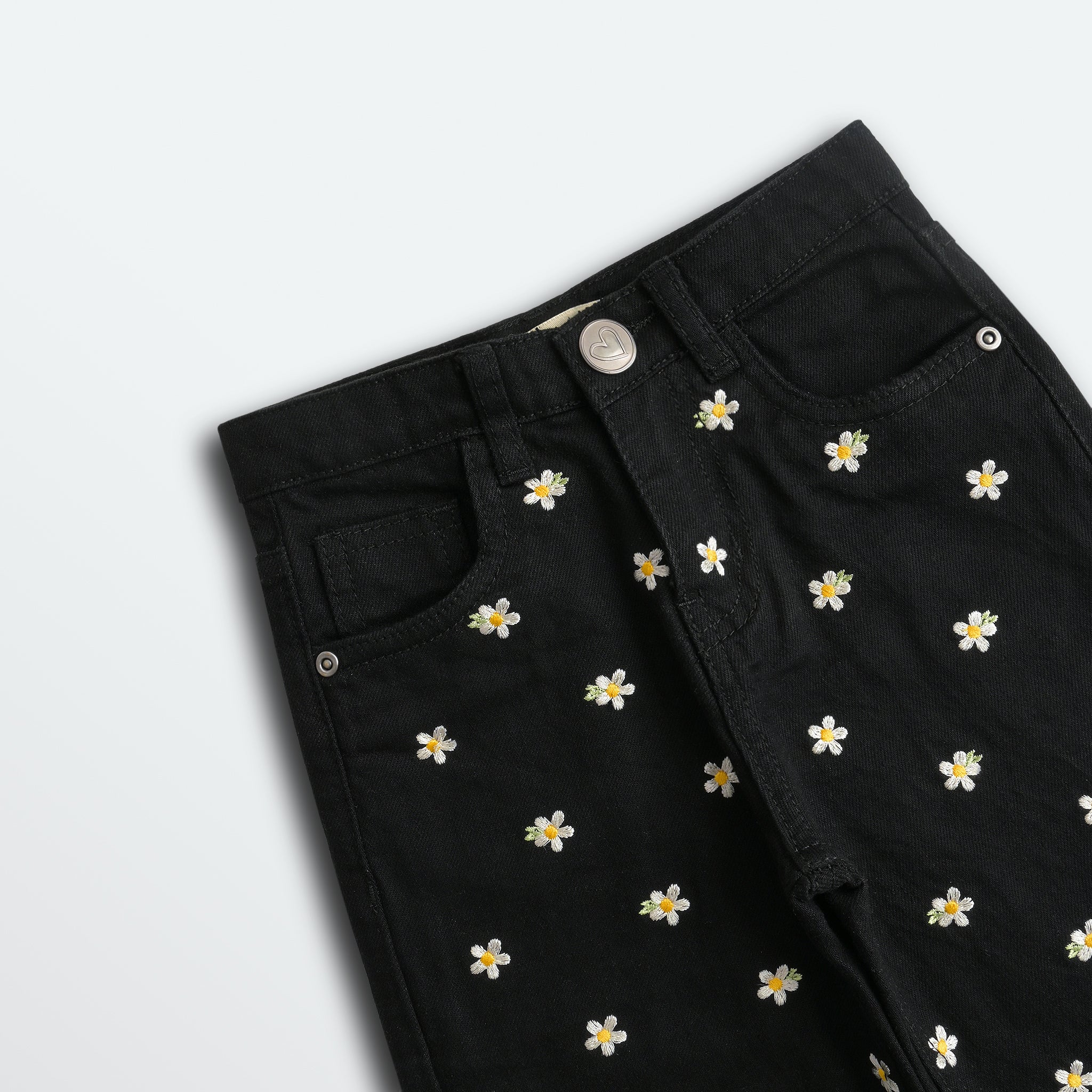 Daisy Embroidered Wide Leg Black Jeans