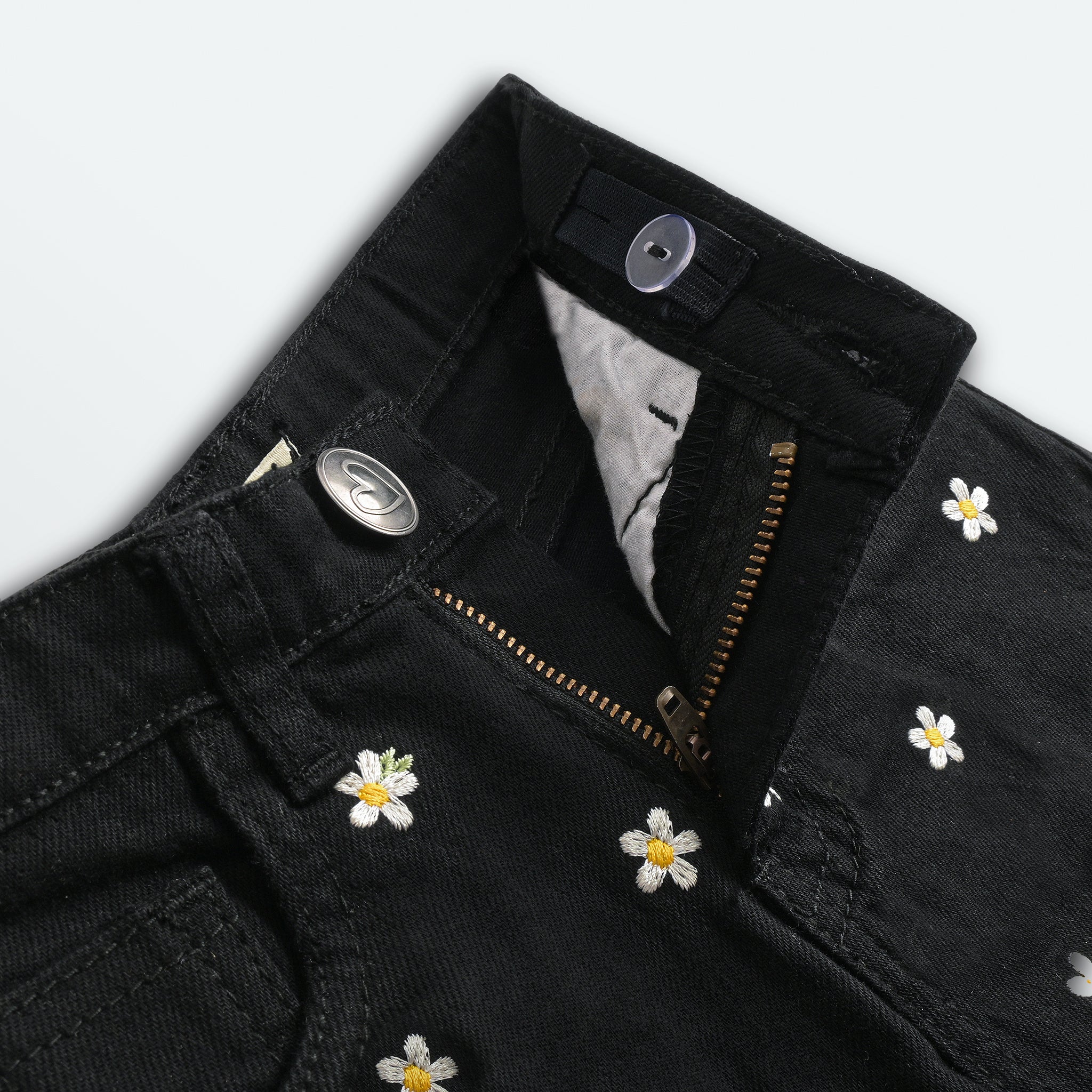 Daisy Embroidered Wide Leg Black Jeans
