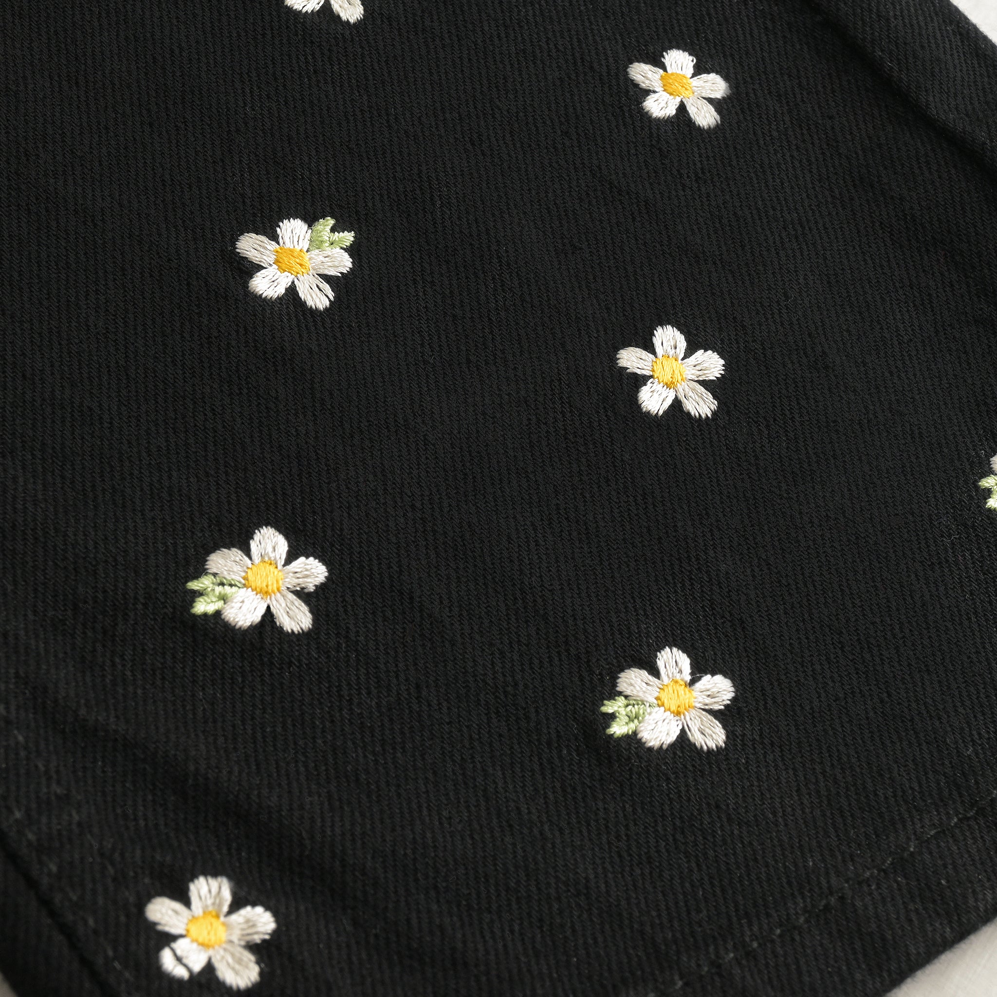 Daisy Embroidered Wide Leg Black Jeans