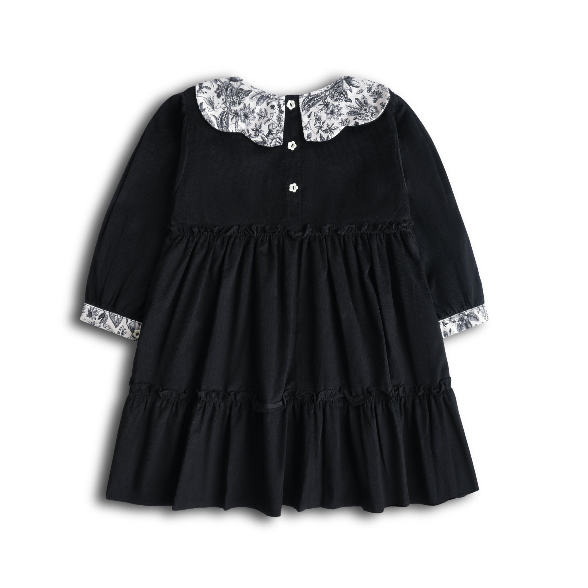 Floral Collar Black Corduroy Dress