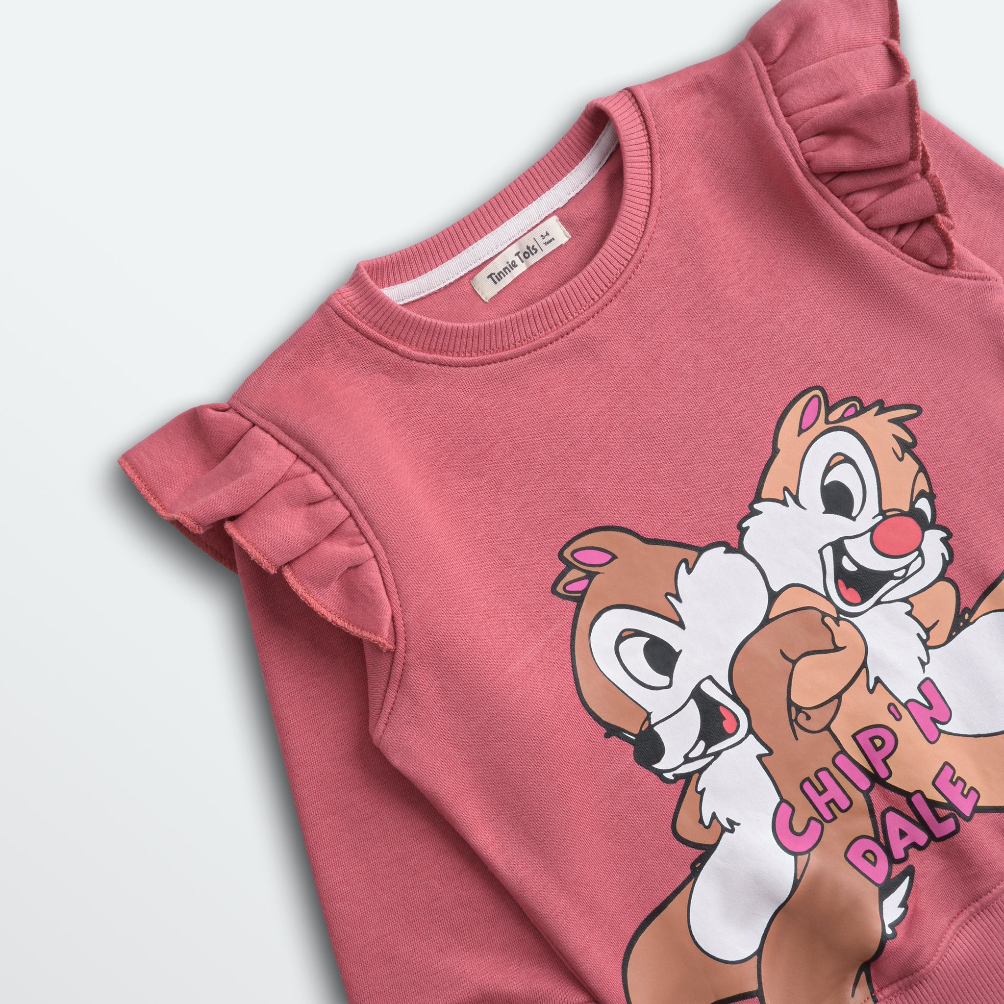 Pink children's sweatshirt with cartoon characters and 'Chip 'n' Dale' text on a light gray background.